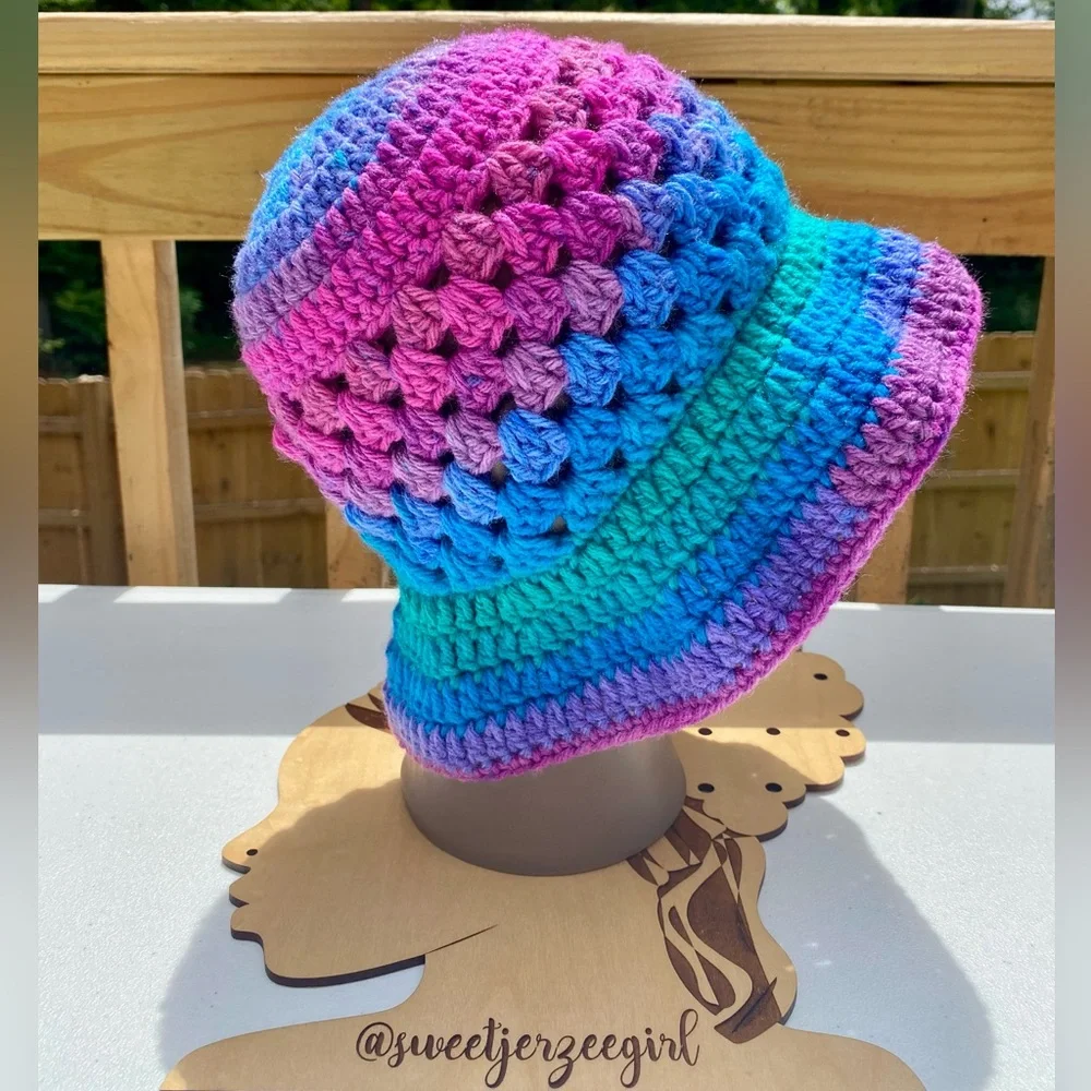 Handmade Bon Bon Purple & Blue Acrylic Granny Stitch Crochet Bucket Hat